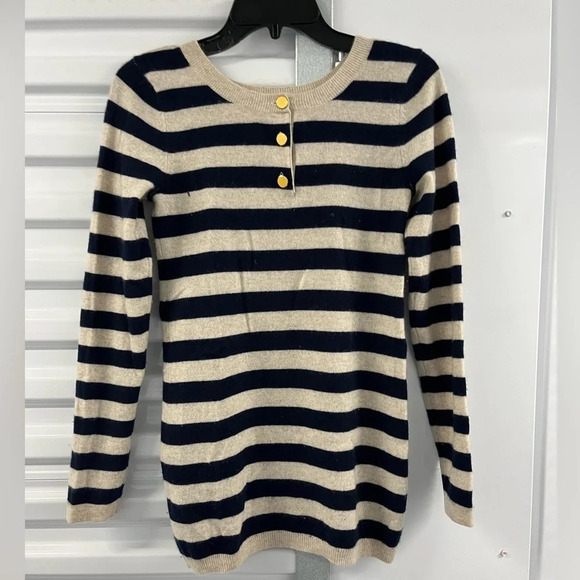 AQUA Cashmere Bloomingdales Exclusive Striped Crewneck with Gold Buttons size XL - Picture 2 of 12